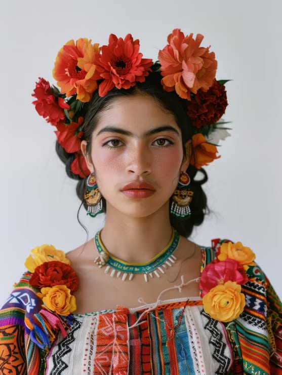 Portrait with a vivid floral headpiece