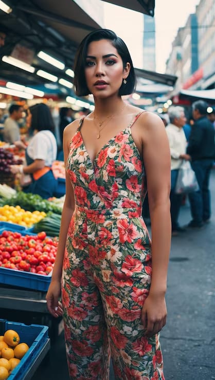 Floral fashion look at an outdoor market